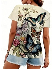 billiga Djur tee-dam t-shirt stilig avslappnad blommig fjärilstryck kortärmad vanliga toppar rund hals dagligen gul sommar