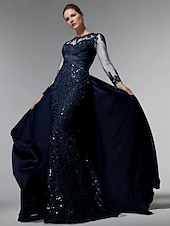 economico BLU-Abito da festa sirena Madre della Sposa Abito Ospite di matrimonio Elegante Collo gioiello Treno a strascico  spazzola Stretch raso Manica lunga con pizzo paillettes arricciato per impressionare 2025