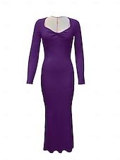 abordables Tendances-Robe longue côtelée moulante décontractée à manches longues pour femmes, col carré torsadé