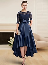 economico Lunghezza del tè-Abito A-Line da Madre della Sposa Abito da Sposa Elegante Alto Basso Collo a Gioiello Lungo fino al tè in Raso Pizzo Maniche Half con Nastro di Pizzo taglia personalizzata gratuita