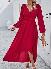 voordelige Chiffon Jurken-Dames Maxi-jurk Casual jurk Cocktail jurk Bruiloft gast jurk Chiffon jurk Elegant Maxi Casual Werk Straat Feestdagen Normale pasvorm Lange mouw V-hals Zwart Rood Marineblauw Groen Herfst