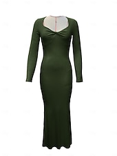 abordables Tendances-Robe longue côtelée moulante décontractée à manches longues pour femmes, col carré torsadé