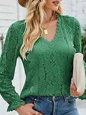 abordables Hauts en dentelle-Hauts en dentelle élégants pour femmes Blouse en œillets Élégant Haut en dentelle uni à manches lanternes à manches longues col en V Hauts romantiques petits pour l&#039;été Vacances de l&#039;été Rose Bleu