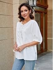 abordables Chemises-Femmes Chemise Chemises inspirées du lin Couleur Unie Fleuri Occasionnel Boho Manche 3/4 Manches au coude Col ras du cou Hauts Réguliers Vacances Soirée Quotidien Broderie Blanche Jaune Kaki Automne