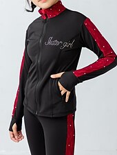billige Figur skating treningsantrekk-Fleecejakke til skøyteløp Bukser til kunstløp Jakke og bukser til kunstløp Dame Jente Skøyteløp Jakke Strømpebukse Drakter Svart / Rød Lapper Tommelhull Spandex Elastisk Trening Profesjonell