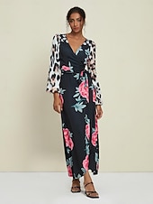 economico abito casual stampato-Abito maxi con scollo a V a maniche corte e stampa leopardata floreale per invitati al matrimonio in raso