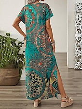 abordables Robes Boho-Robe maxi femme Robe d&#039;été Robe shift Robe en A Décontractée Épaule tombante Quotidienne Ajustement ample Graphique Manches courtes Col en V Bleu Vert Été