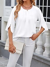 cheap Women&#039;s Plain Tops-Shirt Blouse Women&#039;s White Pink Wine Plain Sexy Street Daily Fashion Round Neck Regular Fit S