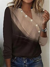 billige Kunst &amp; Design t-skjorte-Dame T skjorte Grafisk Elegant Årgang Mote Langermet V-hals Vanlige topper Daglig Helg Knapper Trykt mønster Brun Høst vinter