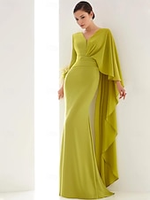 billiga GRÖN-Strandbröllop svart grön sjöjungfru kvällsklänning elegant klänning formell höst golvlängd lång ärm V-hals chiffon med fjädrar rynkade volanger 2025