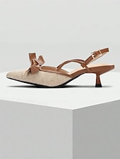abordables tacones kitten-Tacones con punta en punta para mujer: zapatos de tacón de gatito de cuero marrón y lona beige con detalle de lazo, perfectos para la oficina, fiestas y ropa informal.