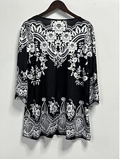 billige Boho t-skjorte-Kvinners Tunika T Skjorte Grafisk Elegant Retro 3/4 Lengde Ermer Notched Hals Vanlige Topper Daglig Utgående Volang Knapper Svart Vår Høst