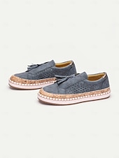 levne Dámské tenisky-dámské ležérní střapcové mokasíny – modré semišové slip-on boty s perforovaným designem a korkovou podrážkou, pohodlné na léto i každodenní nošení