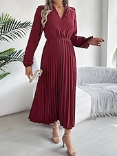 economico maxi abito nero-Per donna Abito da lavoro Abito linea A Di tendenza Ufficio Moda da lavoro Rimborsate Abito lungo Abito lungo A pieghe A V Manica lunga Liscio Standard Nero Vino Marrone Primavera Autunno S M L XL