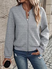 billiga bomberjacka-Dam Vardaglig jacka Utomhus Gata Dagligen Höst Vinter Normal Täcka Normal Vindtät Håller värmen Andningsfunktion Stylish Nutida Ledigt Jacka Långärmad Slät Blixtlås i fullängd Svart Vit Grå