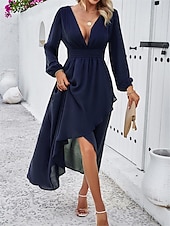 voordelige Chiffon Jurken-Dames Maxi-jurk Casual jurk Cocktail jurk Bruiloft gast jurk Chiffon jurk Elegant Maxi Casual Werk Straat Feestdagen Normale pasvorm Lange mouw V-hals Zwart Rood Marineblauw Groen Herfst