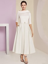 economico Mom&#039;s Dress Sets-Beach Wedding A-Line Mother of the Bride Dress Wedding Guest Elegant Vintage Jewel Neck Tea Length Charmeuse Half Sleeve with Pleats Crystals free custom size