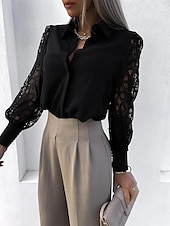 economico Top eleganti-Per donna Camicia Top eleganti Tinta unica Liscio Moda Moderno Manica lunga Rimborsate Colletto Ufficio Pizzo Occhiello Nero Bianco Estate Primavera Autunno