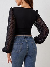 voordelige Elegante topjes-Overhemd Blouse Dames Zwart Effen Netstof Straat Dagelijks Modieus V-hals Normale pasvorm S