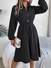 preiswerte schwarzes Midikleid-Damen Arbeitskleidung A Linie Kleid Modisch Täglich Arbeitsmode Bischof Midikleid Gefaltet Taste Hemdkragen Langarm Glatt Regular Fit Schwarz Wein Khaki Frühling Herbst S M L XL