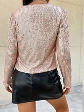 cheap Furs &amp; Leathers-Women&#039;s Casual Jacket Dailywear Sequin Solid Color Cool Regular Fit Outerwear Long Sleeve Spring Rose Gold S