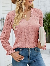 abordables Hauts en dentelle-Hauts en dentelle élégants pour femmes Blouse en œillets Élégant Haut en dentelle uni à manches lanternes à manches longues col en V Hauts romantiques petits pour l&#039;été Vacances de l&#039;été Rose Bleu