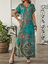 abordables Robes Boho-Robe maxi femme Robe d&#039;été Robe shift Robe en A Décontractée Épaule tombante Quotidienne Ajustement ample Graphique Manches courtes Col en V Bleu Vert Été