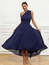 abordables Robes de vacances-Robe Trapèze Femme Robe mi-longue Ruché Ceinturé robe demoiselle d honneur Soirée Cocktail Elégant Grande occasion Une Epaule Sans Manches Ample bleu marine S M L XL 2XL
