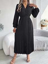 economico maxi abito nero-Per donna Abito da lavoro Abito linea A Di tendenza Ufficio Moda da lavoro Rimborsate Abito lungo Abito lungo A pieghe A V Manica lunga Liscio Standard Nero Vino Marrone Primavera Autunno S M L XL