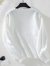 preiswerte Grafische Muster und Details-Damen Pullover Stilvoll Feste Farbe Gerippt Rundhalsausschnitt Strick Laternenärmel Langarm Lange Oberteile Stricken Arbeit Täglich Weiß Beige Herbst Winter