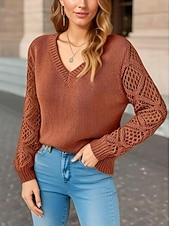 preiswerte Einfarbige Farben-Damen Pullover Elegant Feste Farbe Gehäkelt V Ausschnitt Strick Langarm Normale Oberteile Stricken Täglich Blau Fuchsie Frühling Herbst