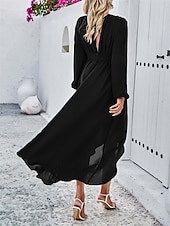voordelige Chiffon Jurken-Dames Maxi-jurk Casual jurk Cocktail jurk Bruiloft gast jurk Chiffon jurk Elegant Maxi Casual Werk Straat Feestdagen Normale pasvorm Lange mouw V-hals Zwart Rood Marineblauw Groen Herfst