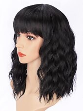 baratos Perucas Sintéticas sem Touca-Bob encaracolado peruca sintética curta preta com franja natural olhando fibra resistente ao calor cabelo para mulher