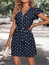 abordables Robes de travail-robe décontractée pour femme à pois, fermeture éclair, imprimé, col en V, mini robe élégante, décontractée, rendez-vous quotidien, manches courtes, été