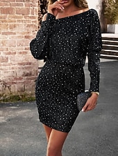 levne Bodycon Club Dresses-Dámské Flitrové šaty Plášťové šaty Flitry Pod rameny Nahoře nabírané Dlouhý rukáv Mini šaty Svatební host Koktejlový večírek Elegantní stylové Stříbrná Černá Léto Jaro