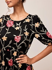 halpa Mekot-Naisten Maksimekko Musta mekko A linjainen mekko Tyylikäs Puhvihiha Loma Päivittäin Loose Fit Kukka Lyhythihainen Tiukka pyöreä kaula-aukko Musta Kesä