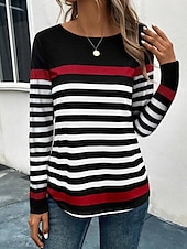 billige Stripe og geometrisk t-skjorte-dame t-skjorte uformelt trykk lange ermer vanlige topper rund hals daglig svart blå oransje vår høst