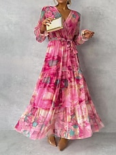 ieftine Rochii florale elegante-Pentru femei Rochie Lunga Rochie Maxi Rochii din Șifon Rochie A line Elegant Oficial Petrecere Invitat la nunta Zilnic Fit regulat Floral Manșon Lung În V Fucsia Vară