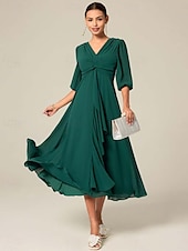 cheap Cocktail Dress-Women&#039;s Midi Dress Green Solid Color V-Neck Half Sleeve Ruffled Sophisticated Chic Zip-Back Summer Semi-Formal Wedding Party Evening Elegant Flowy Lightweight Apparel