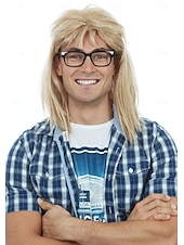 tanie Peruki historyczne-Peruka Garth z lat 90-tych gitarzysta rocker blond mullet peruka dla mężczyzn punk heavy metal blond mullet peruki kompatybilne z peruką Garth na karnawał Halloween