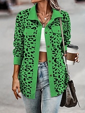 billiga Skjorta jackor-Dam Kappa Utomhus Gata Dagligen Vår Höst Normal Täcka Normal Vindtät Andningsfunktion Stylish Ledigt Gatustil Jacka Långärmad Leopard Mönster Armégrön Grön Aprikos