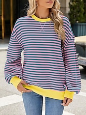 billiga Grafisk butik Sweatshirts &amp; Huvtröjor-tröja dam sweatshirt ledigt randig vardagskläder gå ut rund hals tryck långärmad svart röd blå lila vår höst vinter