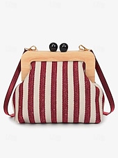 olcso Retikülök és estélyi táskák-női csíkos vászon crossbody táska – retro favázas kis válltáska állítható pánttal – fekete és bézs, ideális hétköznapi kirándulásokhoz és utazásokhoz