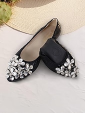 preiswerte Ballerinas für Damen-Silberne faltbare Ballerinas für Damen mit Strassverzierungen – bequeme, leichte Schuhe für Reisen, Partys und besondere Anlässe