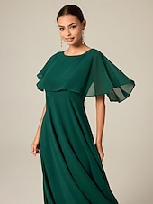 billige Kjoler til nyttårsaften-kvinners bryllup gjestecocktailkjole chiffon volang elegant formell midi a line kjole rund hals kortermet utsvingt erme mørk grønn farge