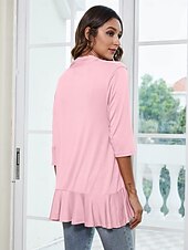 cheap Plain Blouses-Women's Blouse Ruffle Cardigan Work Elegant Stylish Modern 3/4 Length Sleeve Black Summer Spring