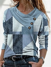 cheap Stripe&amp;Geometric tee-Women&#039;s T Shirt Geometric Abstract Daily Basic Long Sleeve Pile Neck V Neck Regular Tops Casual Weekend Buttons Print Red Navy Blue Blue Sky Blue Green Fall &amp; Winter
