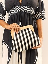 olcso Retikülök és estélyi táskák-női csíkos vászon crossbody táska – retro favázas kis válltáska állítható pánttal – fekete és bézs, ideális hétköznapi kirándulásokhoz és utazásokhoz