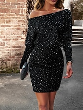 levne Bodycon Club Dresses-Dámské Flitrové šaty Plášťové šaty Flitry Pod rameny Nahoře nabírané Dlouhý rukáv Mini šaty Svatební host Koktejlový večírek Elegantní stylové Stříbrná Černá Léto Jaro