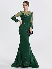 preiswerte SCHWARZ-Meerjungfrau Schwarzes Kleid Abendkleid Paillette Prom Kleid Funkelnd Formal Kleid Sweep  Brush Train Langarm Illusion Hals Spitze mit Applikationen Kleid für 2025 beeindrucken